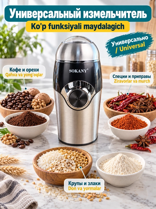 Elektr tegirmoni SOKANY SK-3024 kofe maydalagich ziravorlar yong'oqlari 150W
