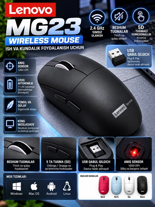 Lenovo MG23 qulay, shovqinsiz va ishonchli simsiz sichqoncha - 