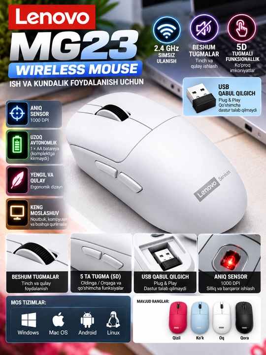 Lenovo MG23 qulay, shovqinsiz va ishonchli simsiz sichqoncha - 