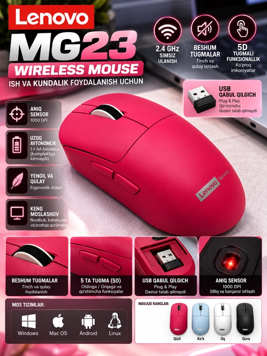 Lenovo MG23 qulay, shovqinsiz va ishonchli simsiz sichqoncha - 