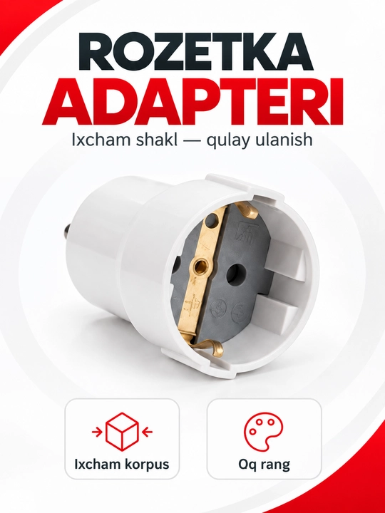 Elektr rozetka o‘tish adapteri yerga ulash bilan oq - 