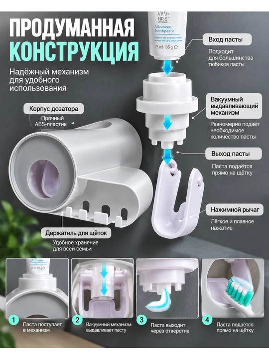 Настенный держатель для зубных щёток с автоматическим дозатором зубной пасты
