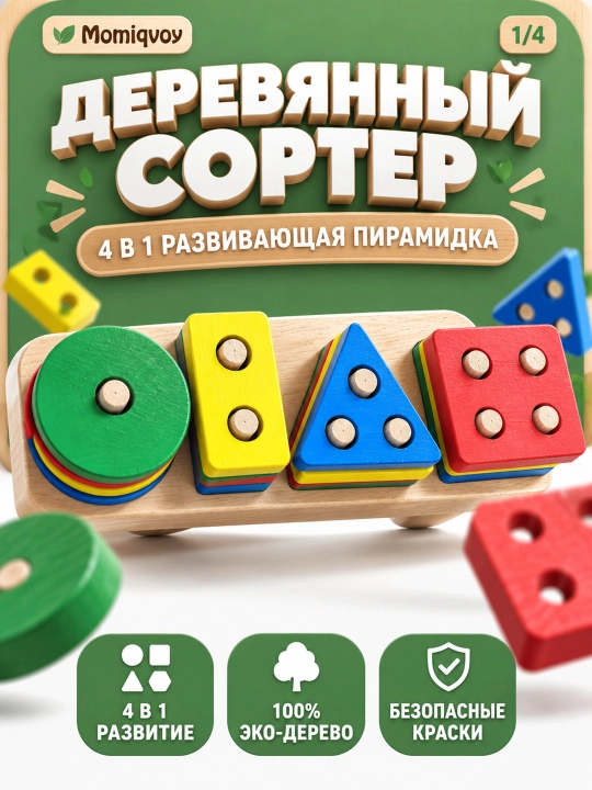 Yog'ochli sorter piramida — montessori o'yinchoqlari, rivojlantiruvchi, 1 yosh+ - 