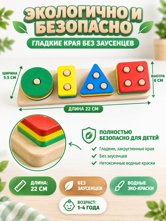 Yog'ochli sorter piramida — montessori o'yinchoqlari, rivojlantiruvchi, 1 yosh+