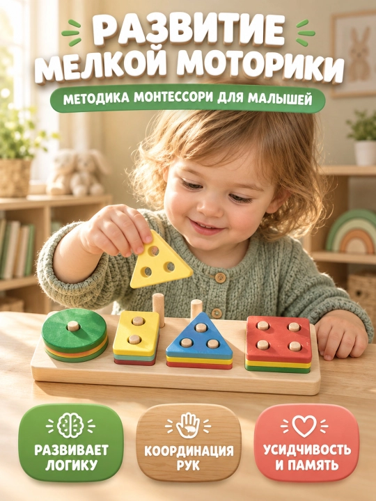 Yog'ochli sorter piramida — montessori o'yinchoqlari, rivojlantiruvchi, 1 yosh+