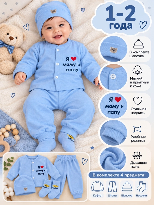 Комплект детской одежды , верх, брюки, шапочка и носки,  для детей 1–2 лет