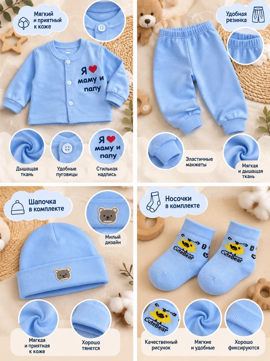 Комплект детской одежды , верх, брюки, шапочка и носки,  для детей 1–2 лет