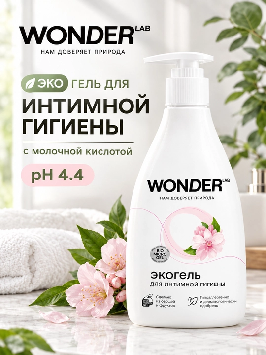 Sut kislotasi bilan intim gigiyena geli, nozik namlash va tozalash Wonder Lab 0.5 L - 