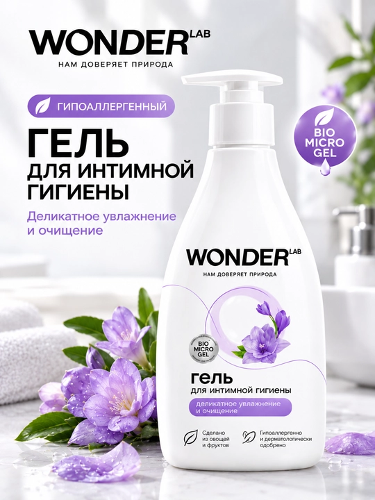 Sut kislotasi bilan intim gigiyena geli, nozik namlash va tozalash Wonder Lab 0.5 L - 