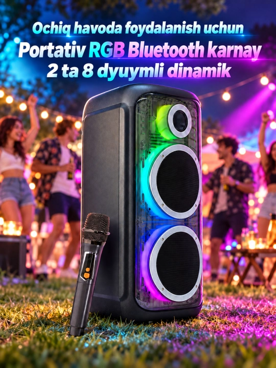 Portativ Bluetooth karnay, 2 ta 8 dyuymli dinamik, RGB chiroqlar, gitara kirishi - 