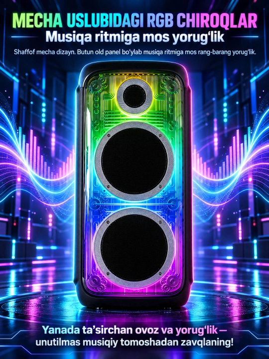 Portativ Bluetooth karnay, 2 ta 8 dyuymli dinamik, RGB chiroqlar, gitara kirishi