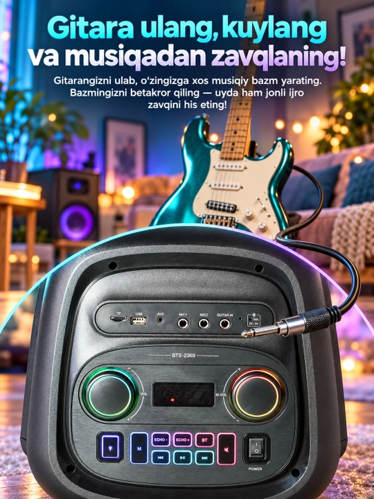 Portativ Bluetooth karnay, 2 ta 8 dyuymli dinamik, RGB chiroqlar, gitara kirishi