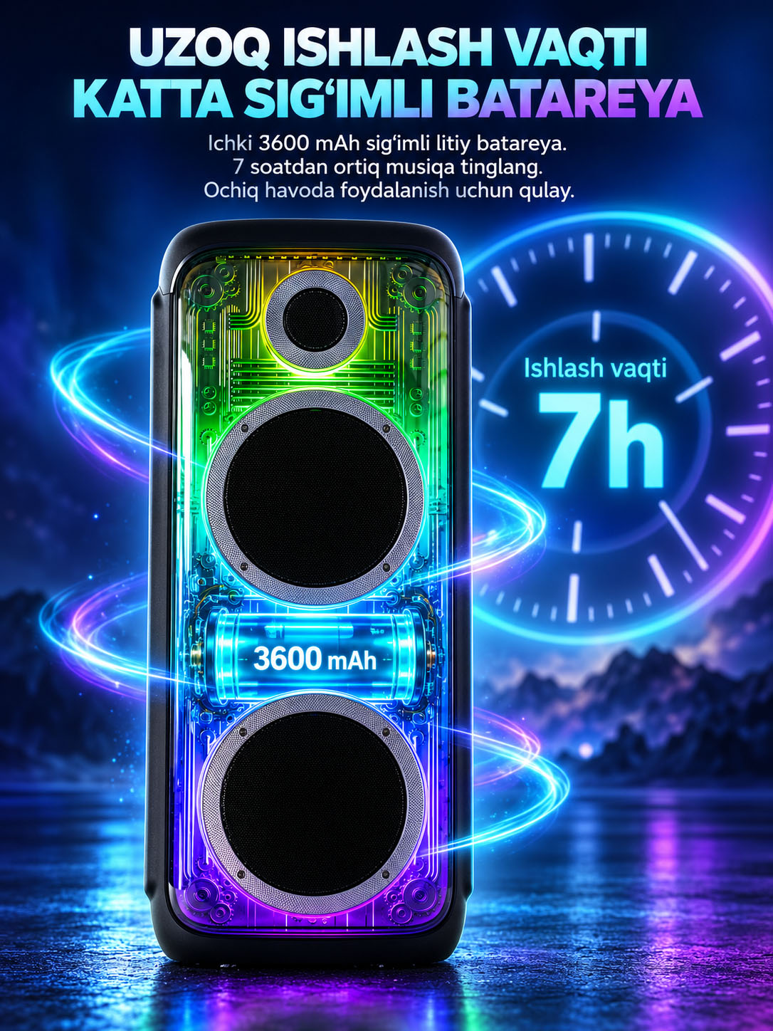 Portativ Bluetooth karnay, 2 ta 8 dyuymli dinamik, RGB chiroqlar, gitara kirishi
