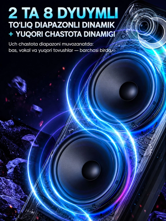 Portativ Bluetooth karnay, 2 ta 8 dyuymli dinamik, RGB chiroqlar, gitara kirishi