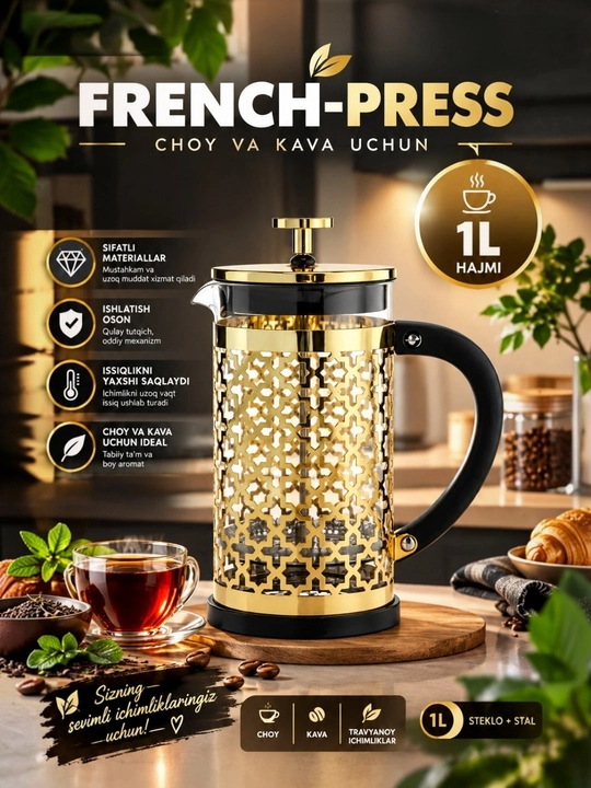 1 litrli fransuz pressi — choy va qahva uchun porshenli choynak, qulay dastakli - 