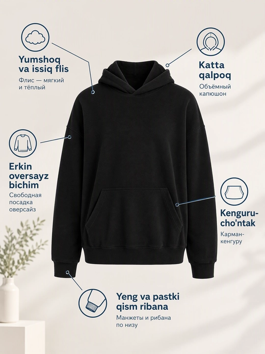Ayollar flis koftasi xudi, katta o‘lchamli, kapyushonli, issiq, yumshoq, kuz, qish 48-54