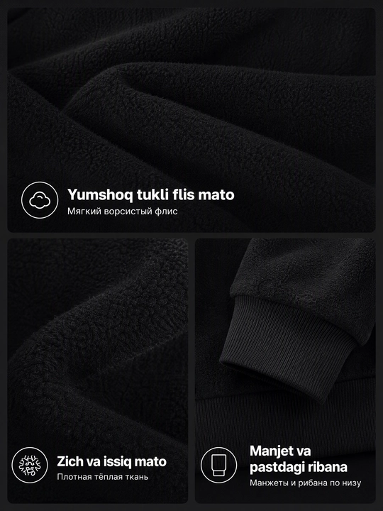 Ayollar flis koftasi xudi, katta o‘lchamli, kapyushonli, issiq, yumshoq, kuz, qish 48-54