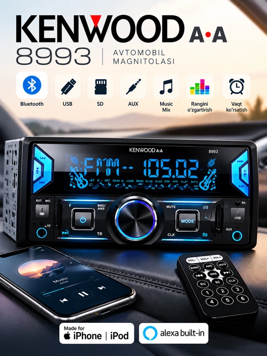 Kenwood katta Magnitafon universal Bluetooth, USB, AUX, SD, MP3, pult bilan rangi o'zgarad - 