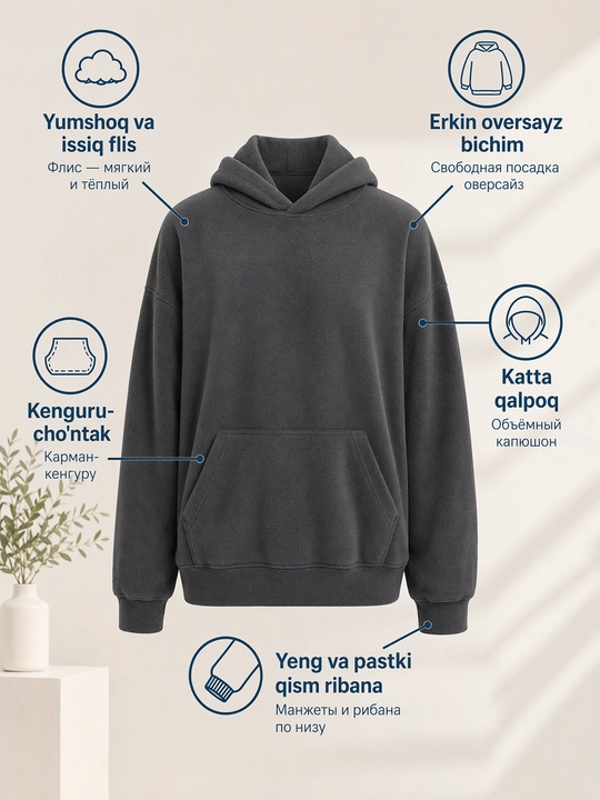 Ayollar flis koftasi xudi, katta o‘lchamli, kapyushonli, issiq, yumshoq, kuz, qish 48-54