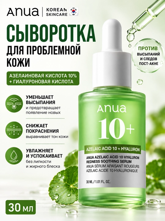 Anua Azelaic Acid 10 + Hyaluron yuz uchun 10% li zardob