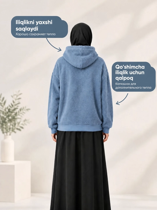 Ayollar flis koftasi xudi, katta o‘lchamli, kapyushonli, issiq, yumshoq, kuz, qish 48-54