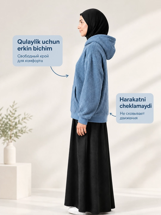 Ayollar flis koftasi xudi, katta o‘lchamli, kapyushonli, issiq, yumshoq, kuz, qish 48-54