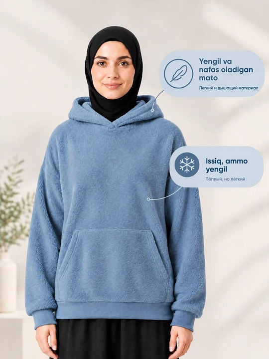 Ayollar flis koftasi xudi, katta o‘lchamli, kapyushonli, issiq, yumshoq, kuz, qish 48-54