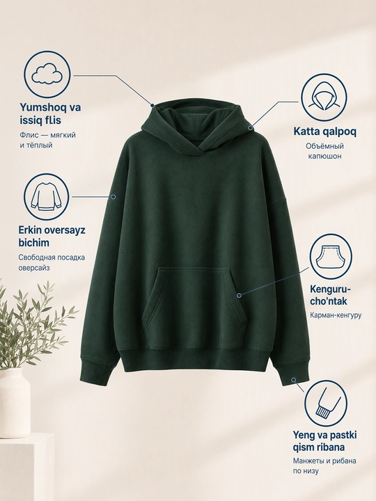 Ayollar flis koftasi xudi, katta o‘lchamli, kapyushonli, issiq, yumshoq, kuz, qish 48-54