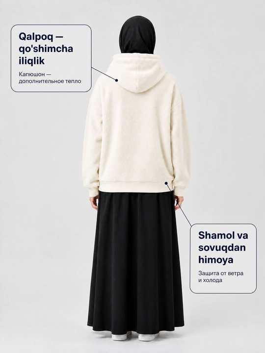 Ayollar flis koftasi xudi, katta o‘lchamli, kapyushonli, issiq, yumshoq, kuz, qish 48-54