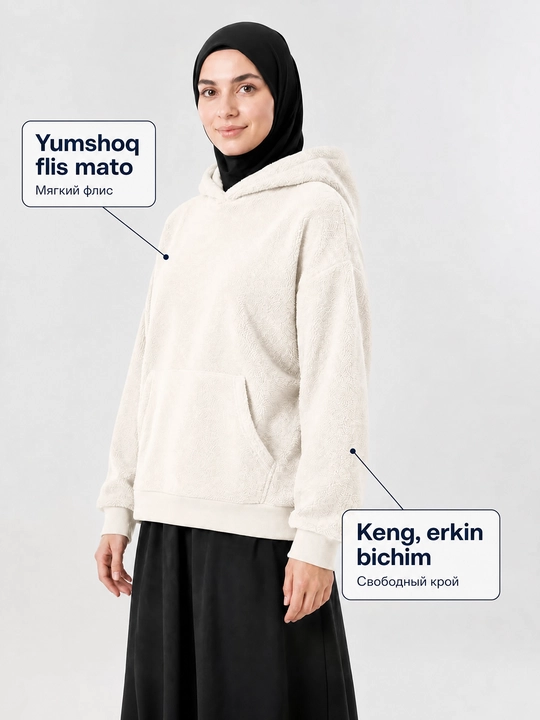 Ayollar flis koftasi xudi, katta o‘lchamli, kapyushonli, issiq, yumshoq, kuz, qish 48-54