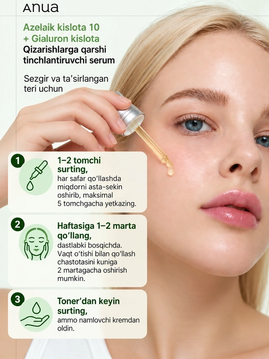 Anua Azelaic Acid 10 + Hyaluron yuz uchun 10% li zardob