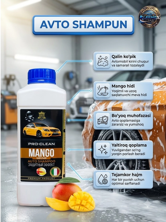 Avtoshampun Pro-Clean Mango, qalin ko'pikli va himoyalovchi yaltiroq effekt, 1 l - 