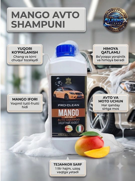 Avtoshampun Pro-Clean Mango, qalin ko'pikli va himoyalovchi yaltiroq effekt, 1 l