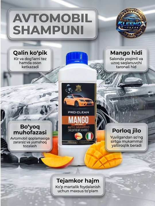 Avtoshampun Pro-Clean Mango, qalin ko'pikli va himoyalovchi yaltiroq effekt, 1 l