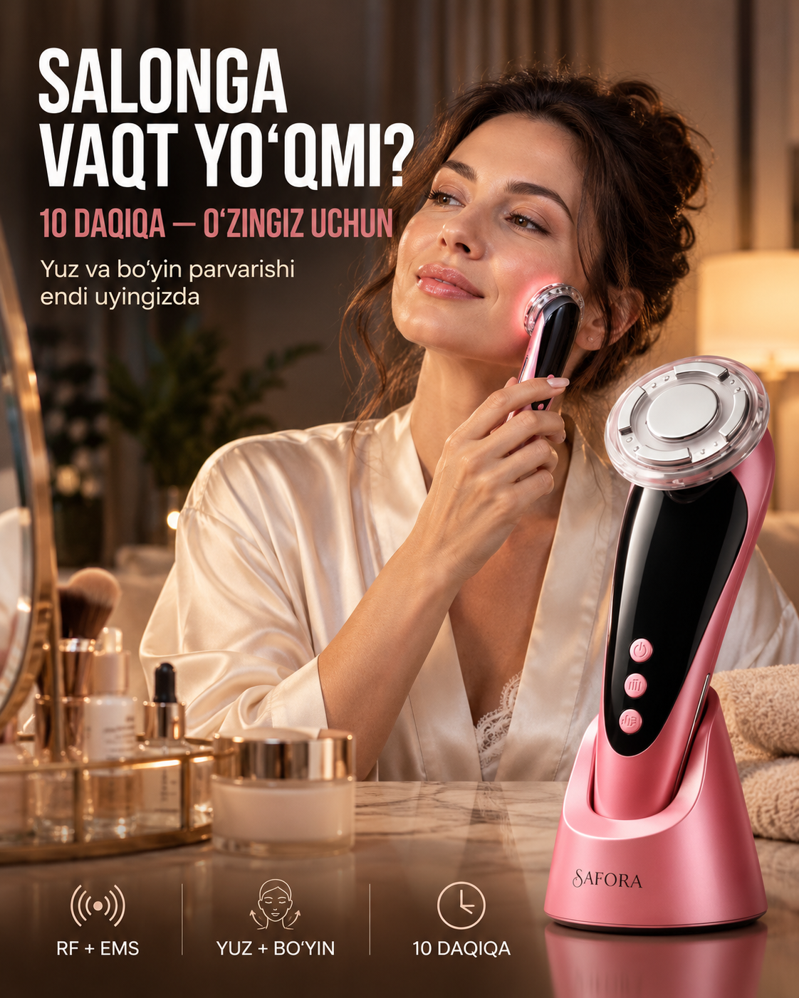 Yuz va bo'yin uchun RF va EMS massajori, ajinlarga qarshi yuz tortuvchi apparat