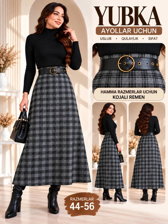 Ayollar uchun uzun yubka maxi, katakli, belbog‘li, keng fason, 44–56 razmer, 80 sm - 