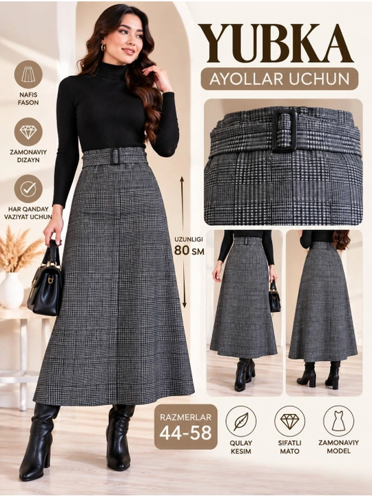Ayollar uchun uzun yubka maxi, katakli, belbog‘li, keng fason, 44–56 razmer, 80 sm