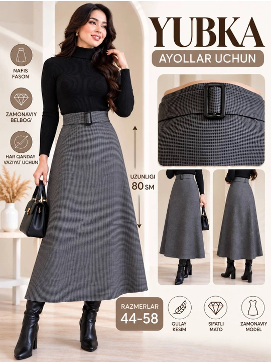 Ayollar uchun uzun yubka maxi, katakli, belbog‘li, keng fason, 44–56 razmer, 80 sm
