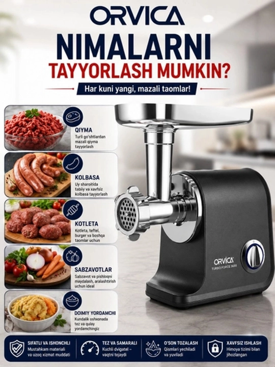 ORVICA ORM-3570 go‘sht maydalagichi, 3600 Vt quvvatli elektr go‘sht maydalagich