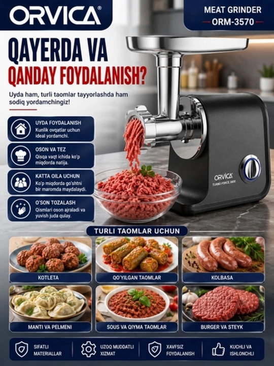 ORVICA ORM-3570 go‘sht maydalagichi, 3600 Vt quvvatli elektr go‘sht maydalagich
