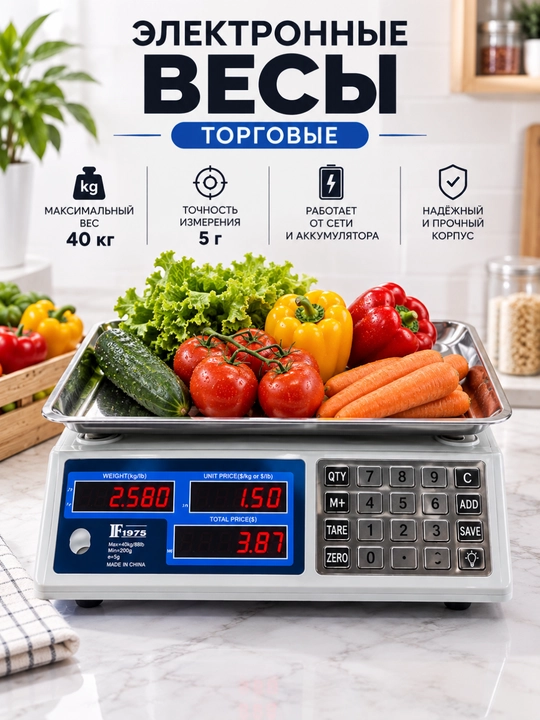 Elektron savdo tarozisi 40 kg gacha, 5 g aniqlikda, katta platformali