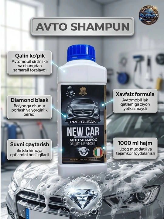 Avtoshampun Pro-Clean New Car, suv qaytaruvchi va yaltiroq himoya effekti, 1000 ml