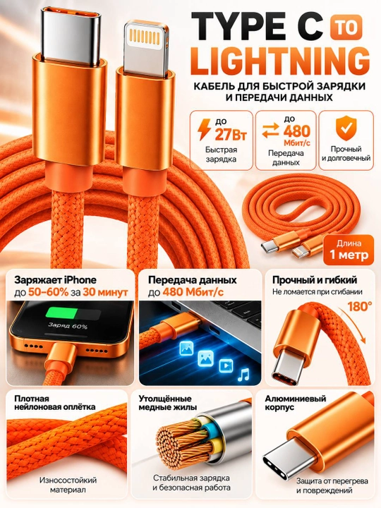 USB Type-C Type-C kabel 60W, tez zaryadlash, 1 metr, o‘rilgan, ma’lumot uzatish, Lightning