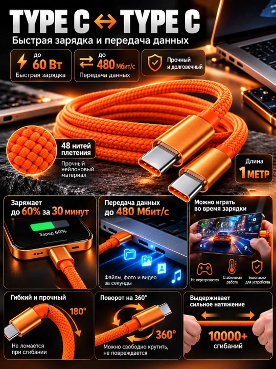 USB Type-C Type-C kabel 60W, tez zaryadlash, 1 metr, o‘rilgan, ma’lumot uzatish, Lightning