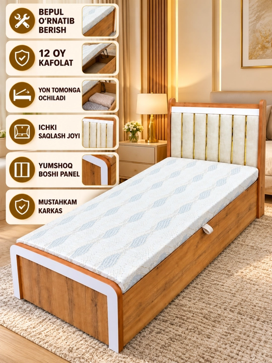 Karavot 1 kishilik sandiqli ko‘tariluvchi yumshoq boshli, 90x200 sm - 
