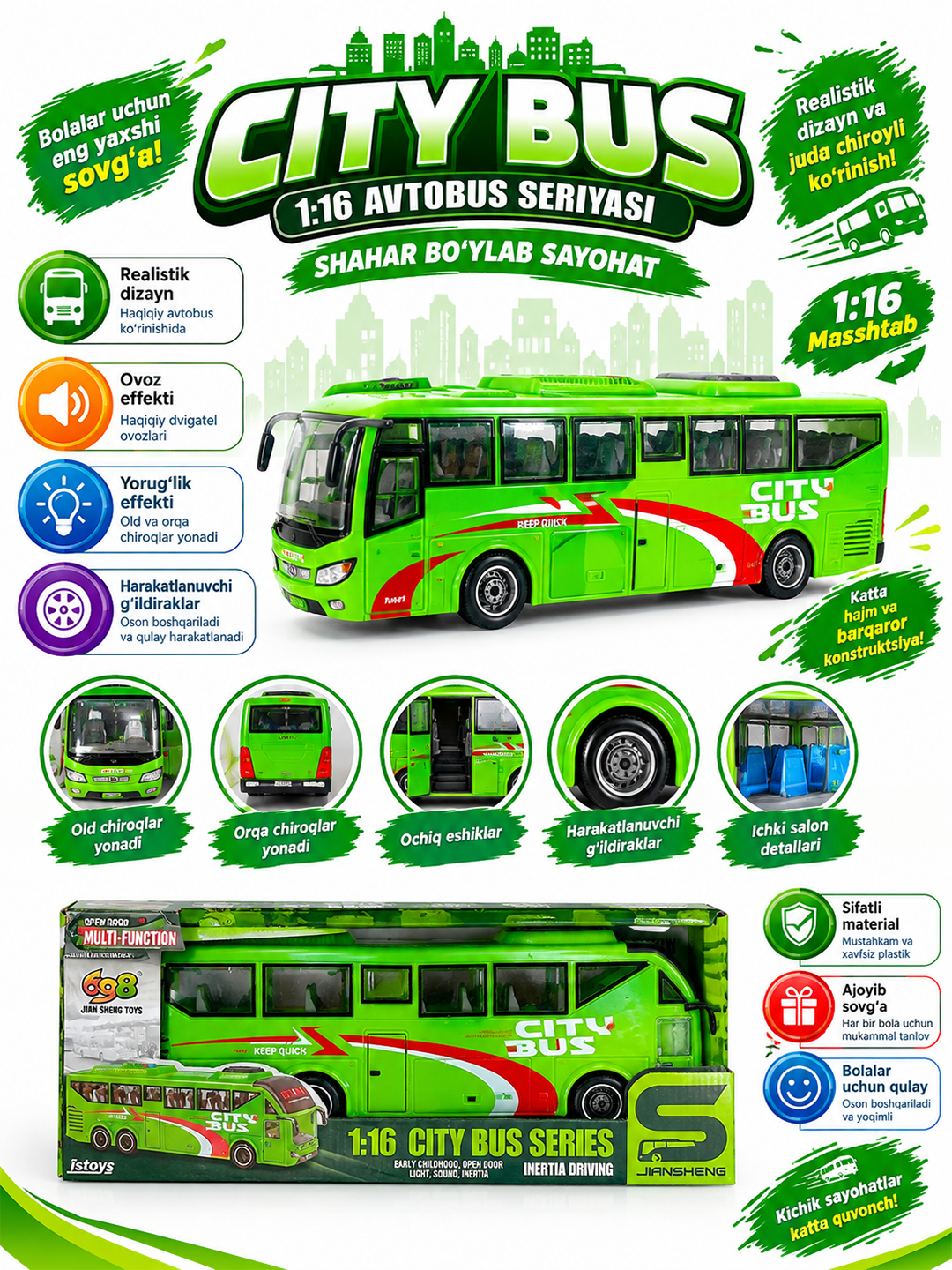 Bolalar uchun City Bus o‘yinchoq avtobus, ovoz va chiroq, ochiluvchi eshiklar - 