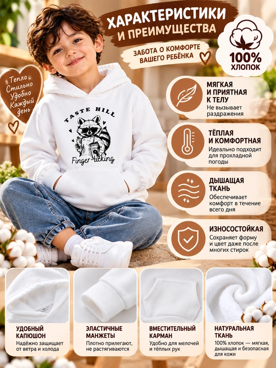 Детское белое худи из 100% хлопка, мягкое и тёплое, с капюшоном и длинными рукавами