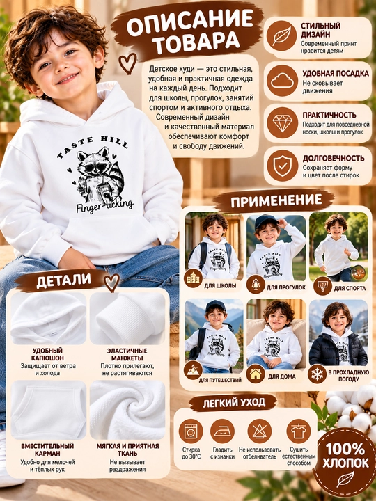 Детское белое худи из 100% хлопка, мягкое и тёплое, с капюшоном и длинными рукавами