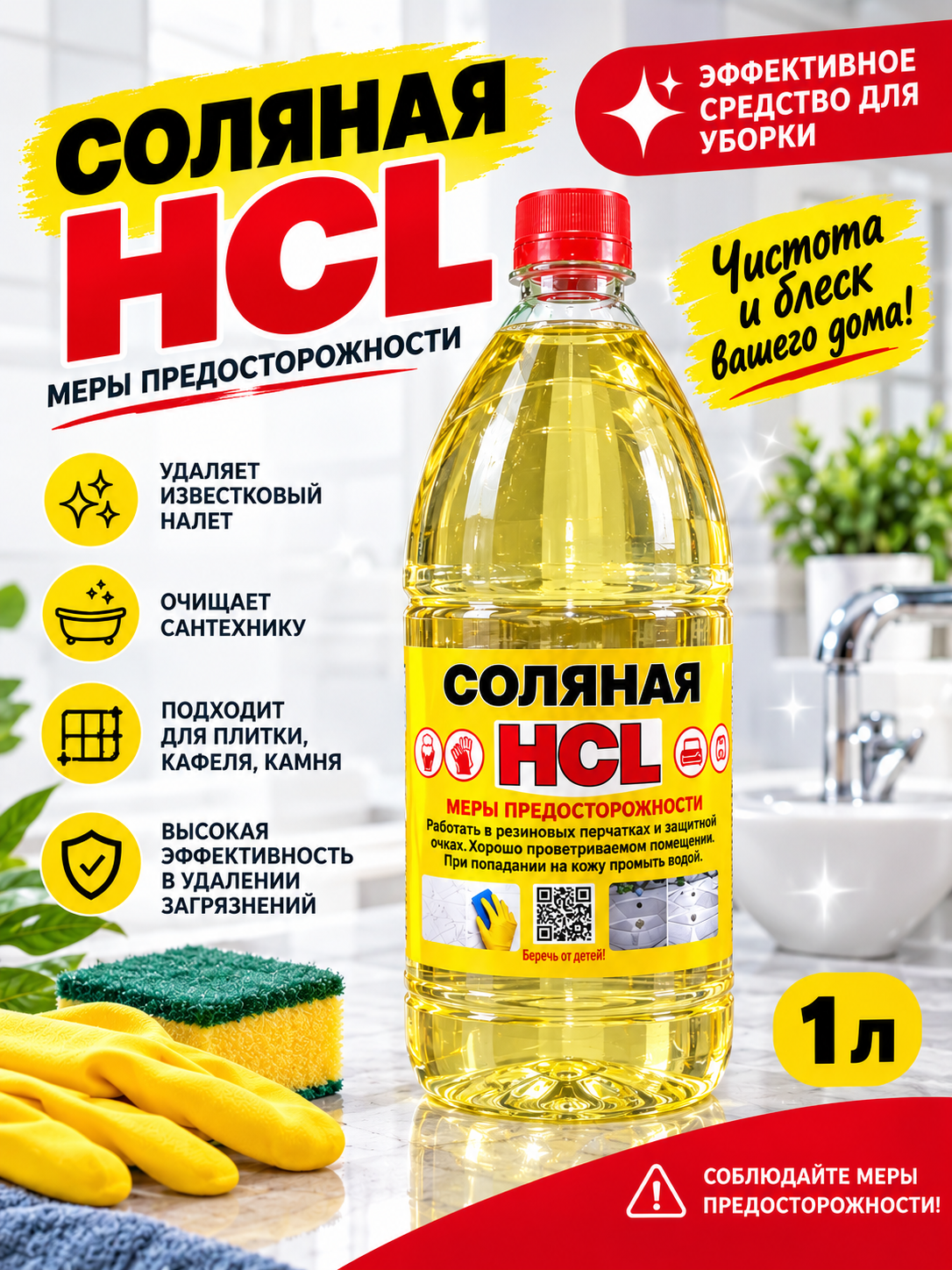 Tuz kislotali HCl 1L — zang, ohak va qattiq kirlarni tez tozalash uchun kuchli vosita - 