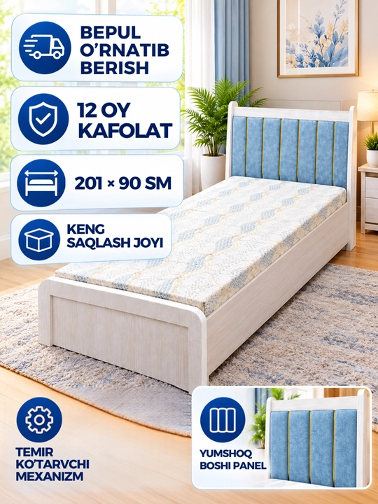 Karavot 1 kishilik sandiqli ko‘tariluvchi yumshoq boshli, 90x200 sm - 